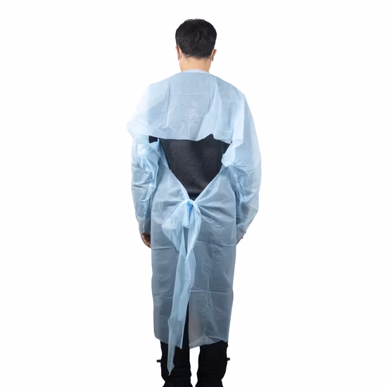 AAMI 레벨 3 보호용 남녀공용 플라스틱 CPE 의류, 바이러스 백신 보호복, 방수 엄지 고리, 일회용 격리 CPE 의류